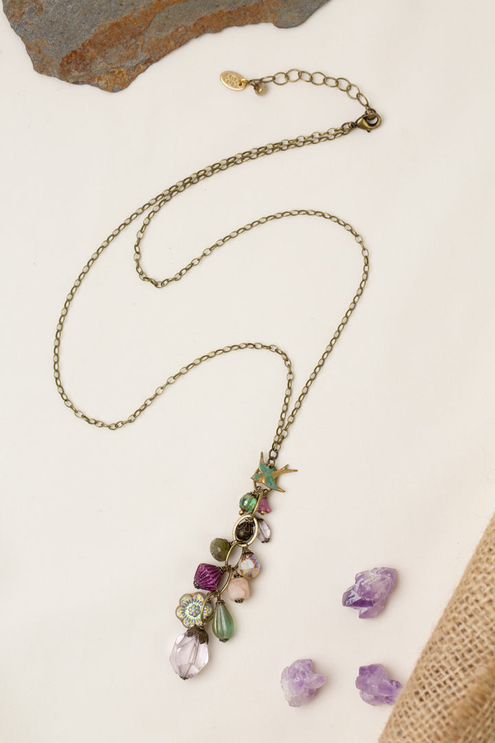 Wildflower 24-26" Czech Glass, Faceted Amethyst, Patina Sparrow, And Peach Moonstone Cluster Necklace