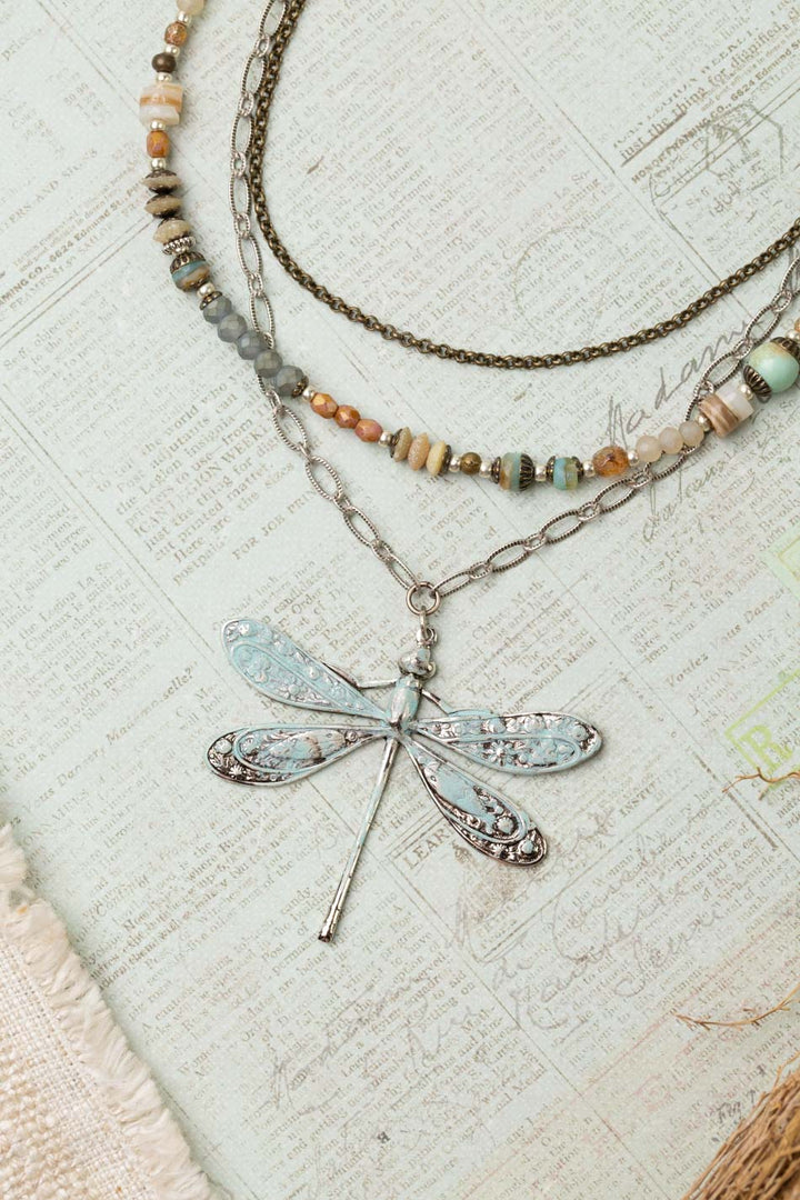 Wisdom Within 16.5-18.5" Czech Glass, Caribbean Calcite Shell With Patina Dragonfly Pendant Multistrand Necklace