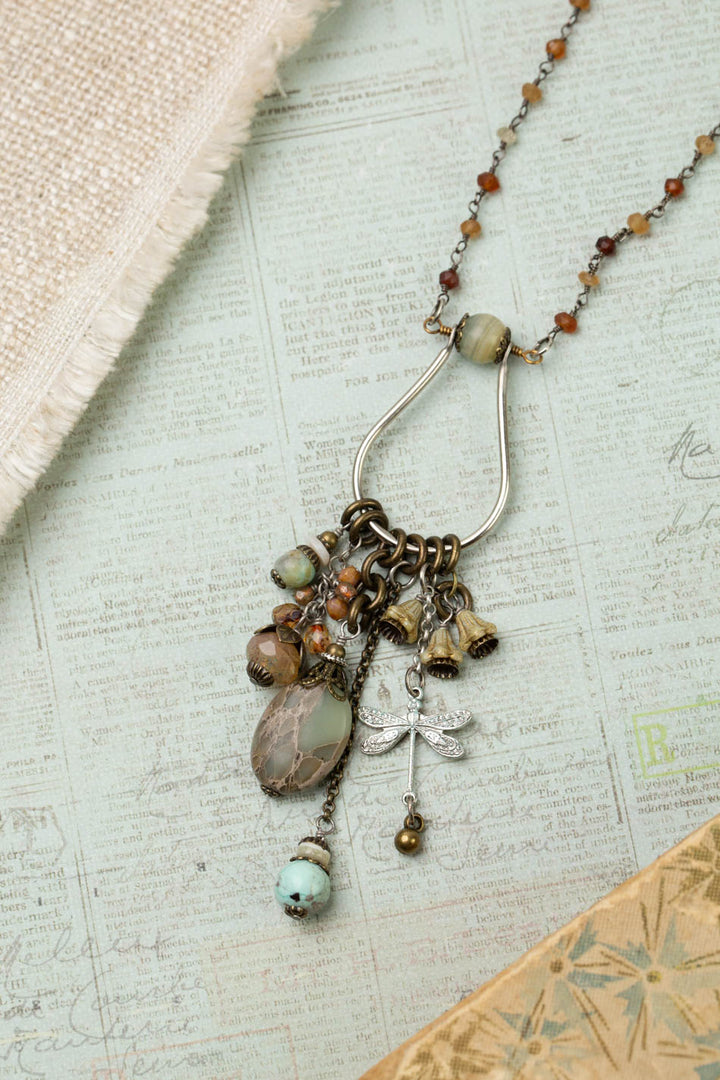 Wisdom Within 25.5-27.5" Hessonite Garnet With Peruvian Opal, Peruvian Turquoise, Czech Glass And Dragonfly Cluster Necklace