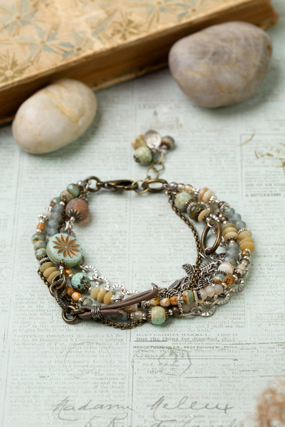 Wisdom Within 7.5-8.5" Turquoise With Antique Brass Etching Flower, Carribean Calcitte, Blue Calcite Multistrand Bracelet