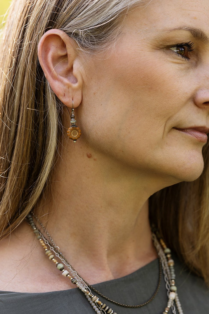 Wisdom Within Turquoise, Antique Brass With Orange Czech Glass Sunflower With Gold Etching Simple Earrings