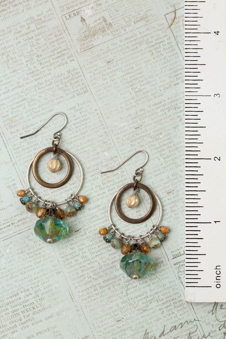 Wisdom Within Turquoise Blue Czech Glass Flower With Antique Gold Etching Cluster Earrings