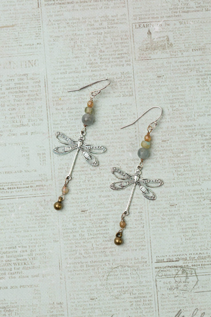 Wisdom Within Kyanite, Czech Glass With Patina Antique Silver Dragonfly Cluster Earrings