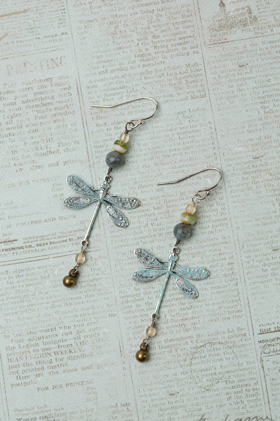 Wisdom Within Kyanite, Czech Glass With Patina Antique Silver Dragonfly Cluster Earrings