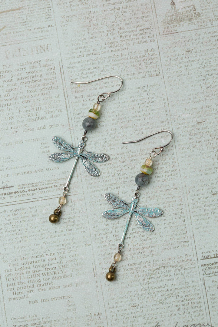 Wisdom Within Kyanite, Czech Glass With Patina Antique Silver Dragonfly Cluster Earrings