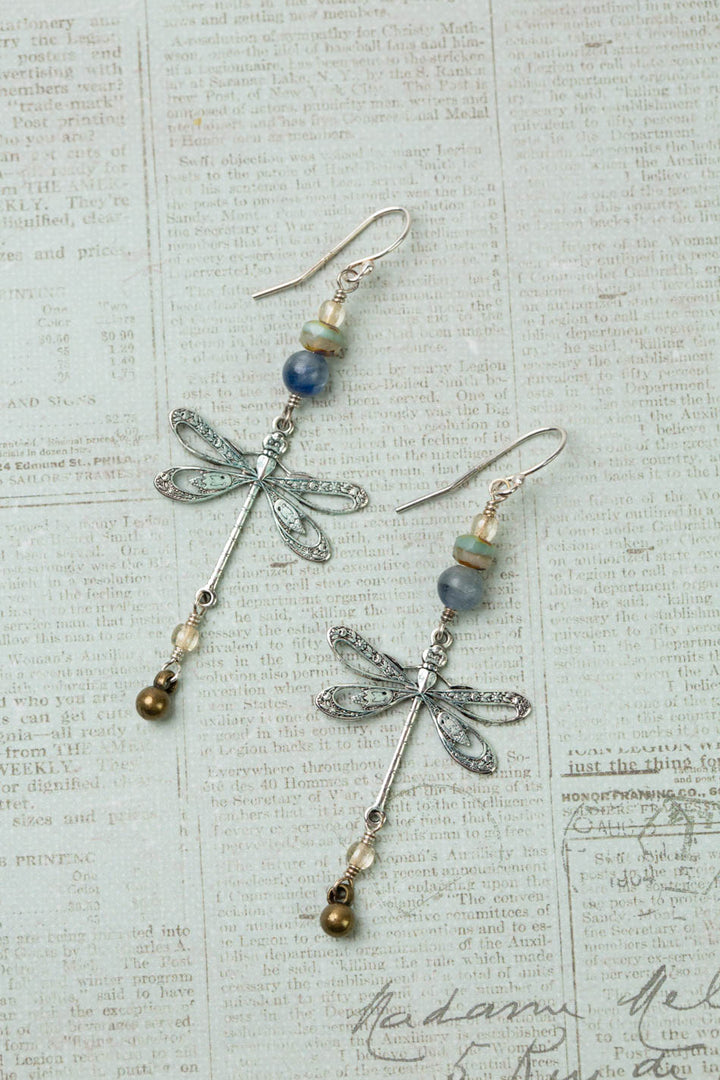 Wisdom Within Kyanite, Czech Glass With Patina Antique Silver Dragonfly Cluster Earrings