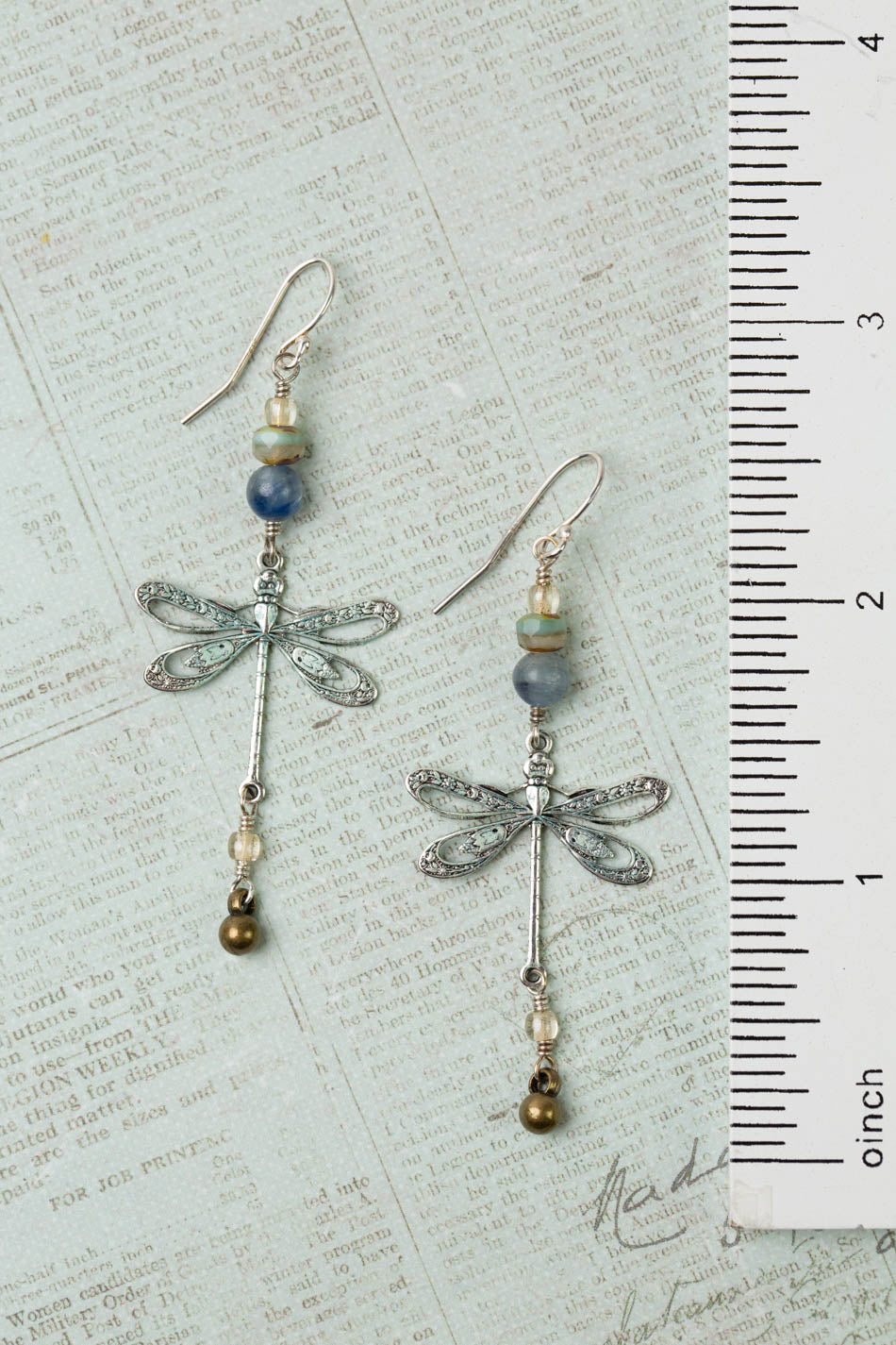 Wisdom Within Kyanite, Czech Glass With Patina Antique Silver Dragonfly Cluster Earrings