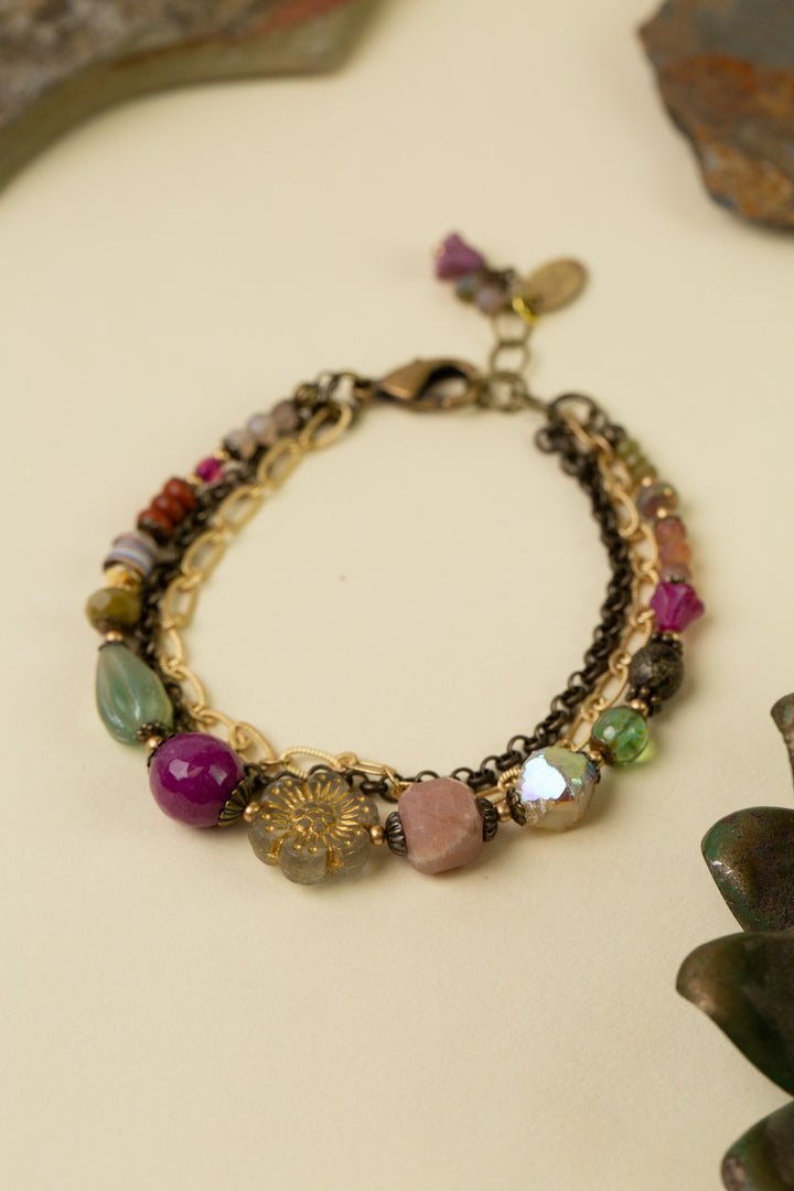 Wildflower 7.5-8.5" Czech Glass Holographic Flower, Peach Moonstone Multistrand Bracelet