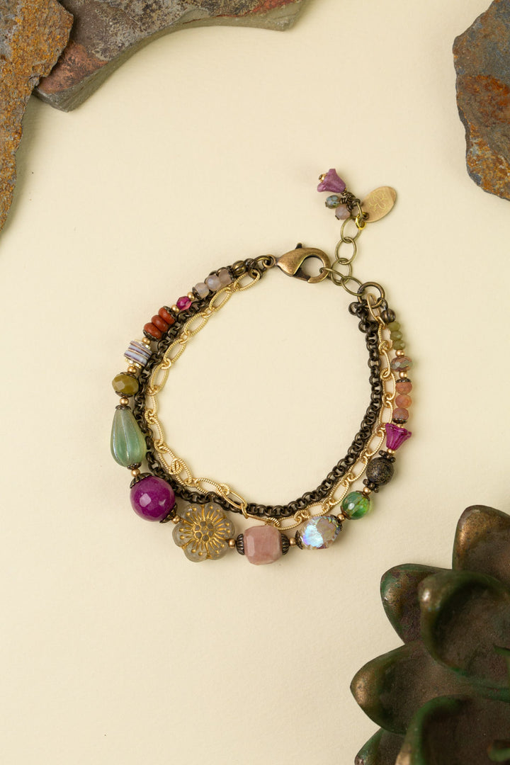 Wildflower 7.5-8.5" Czech Glass Holographic Flower, Peach Moonstone Multistrand Bracelet