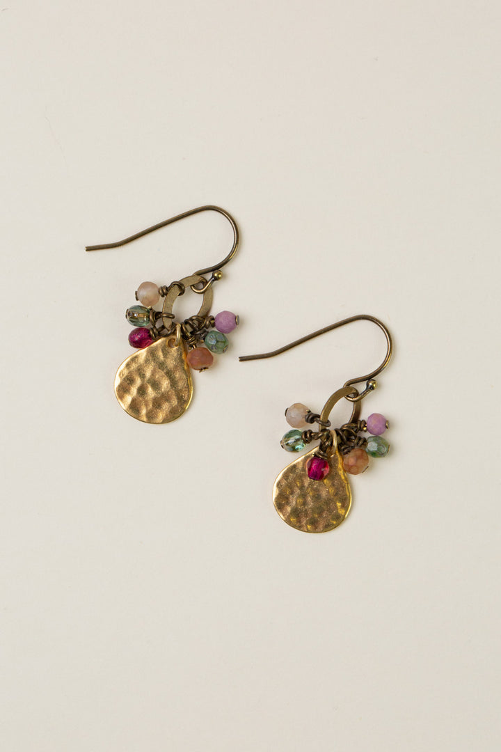 Wildflower Czech Glass, Crystal With Hammered Gold Plated Brass Teardrop Cluster Earrings