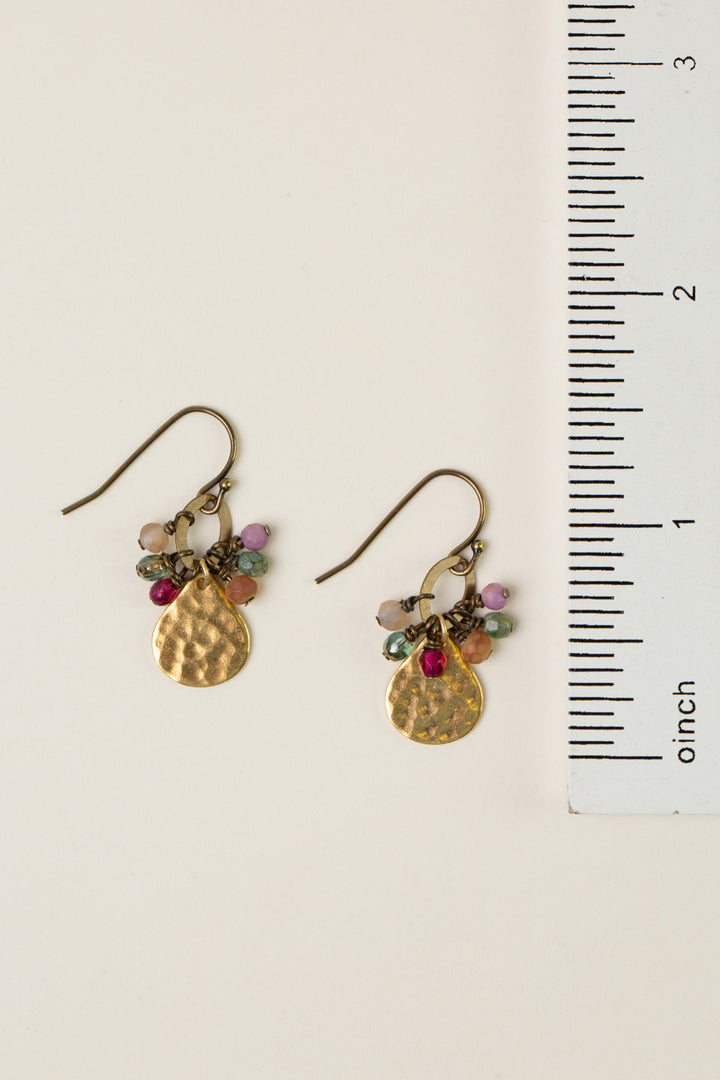 Wildflower Czech Glass, Crystal With Hammered Gold Plated Brass Teardrop Cluster Earrings
