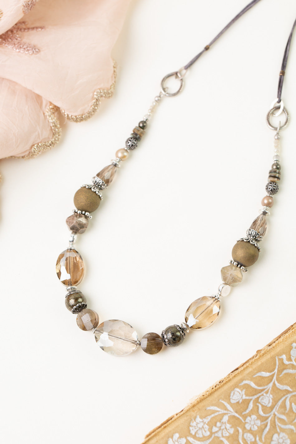 Windsor Castle 23.5-25.5" Smoky Quartz, Crystal, Pyrite Statement Necklace