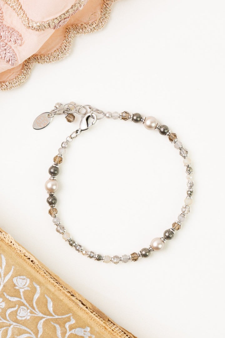 Windsor Castle 7.5-8.5" Pyrite, Crystal, Pearl Simple Bracelet