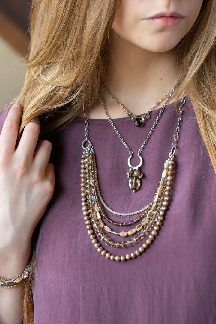 Windsor Castle 15.5-17.5" Smoky Quartz, Crystal, Abalone Simple Necklace