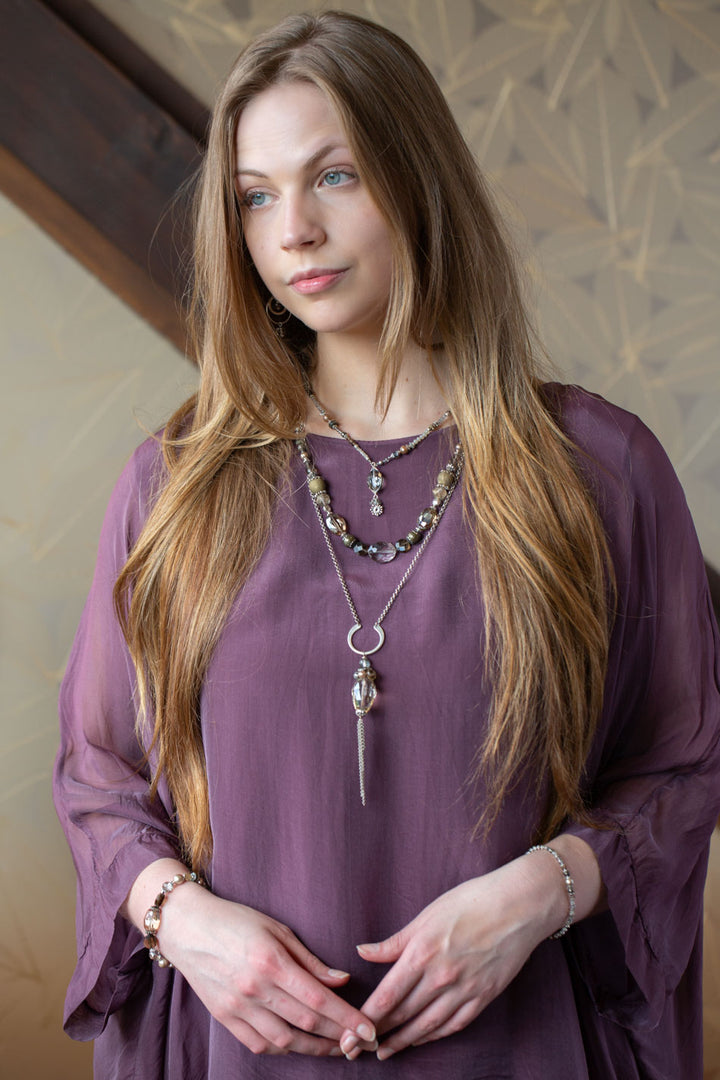 Windsor Castle 25.5-27.5" Labradorite, Pearl, Pyrite Tassel Necklace