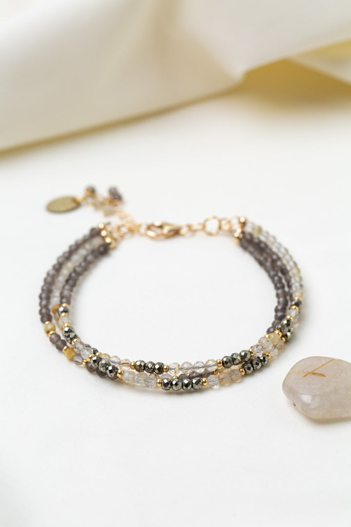 Alchemy 7.75-8.75" Gold Rutilated Quartz, Pyrite, Moonstone Multistrand Bracelet