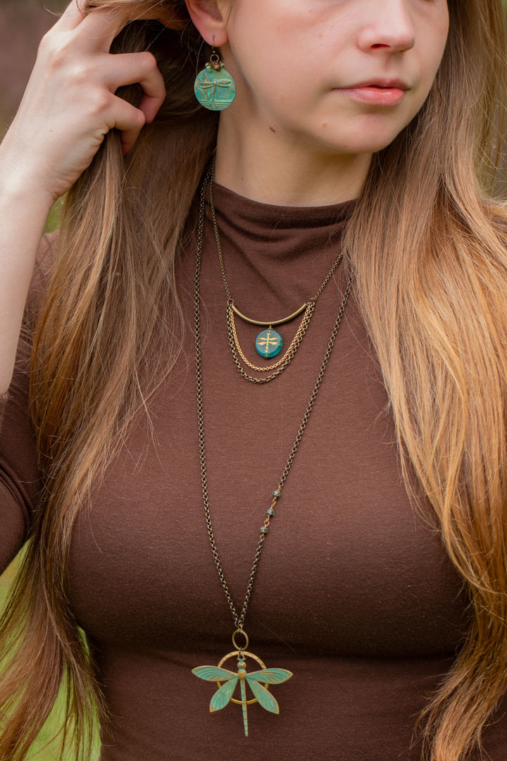 Rustic Creek 15.25-17.25" Matte Gold Plated Brass Chain With Gold Etched Czech Glass Dragonfly Simple Necklace