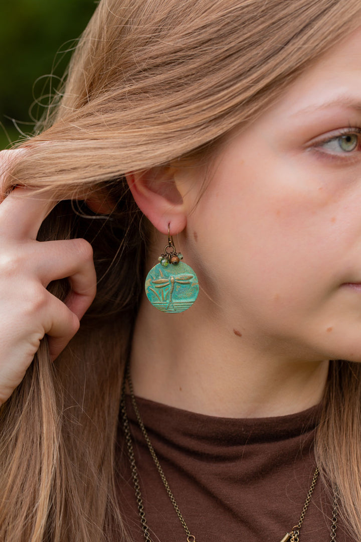 Rustic Creek Matte Gold Plated Brass Patina Dragonfly, Czech Glass Cluster Earrings