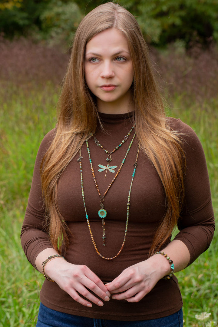 Rustic Creek 29.5-31.5" Czech Glass, Freshwater Pearl, Turquoise Dragonfly Necklace