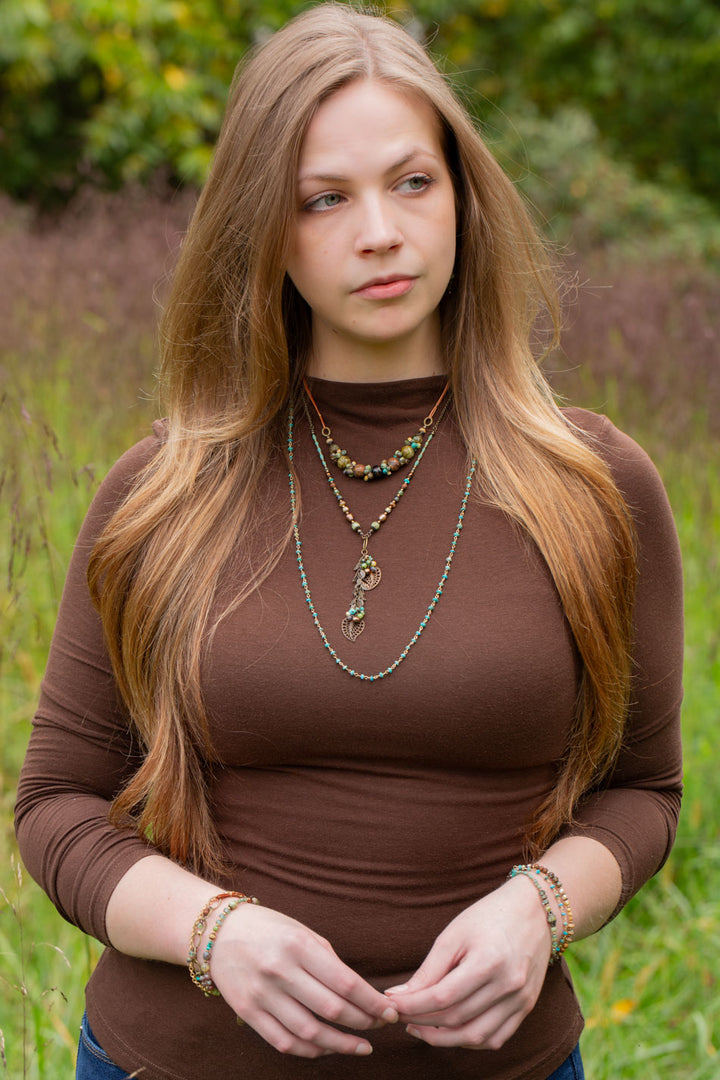 Rustic Creek 20.5-22.5" Freshwater Pearl With Czech Glass, Turquoise Dangles, Antique Brass Leaves Cluster Necklace
