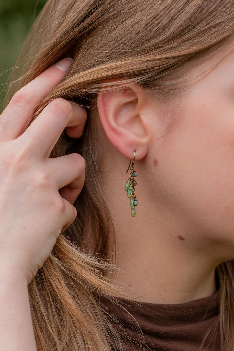 Rustic Creek Wire Wrapped Czech Glass Green Droplets Cluster Earrings