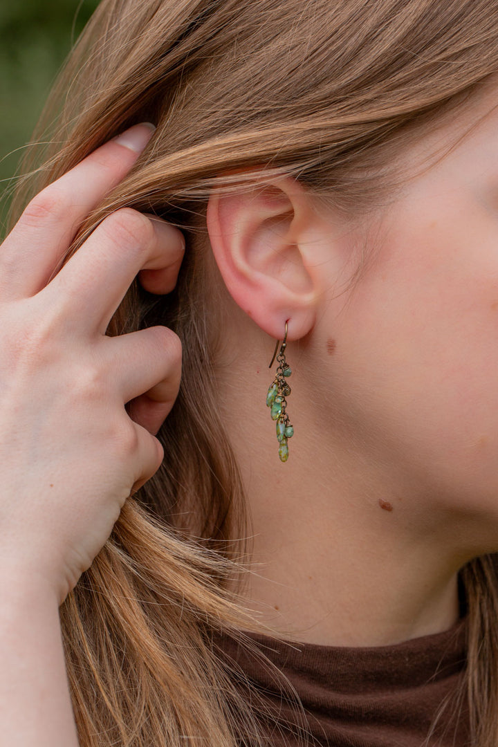 Rustic Creek Wire Wrapped Czech Glass Green Droplets Cluster Earrings