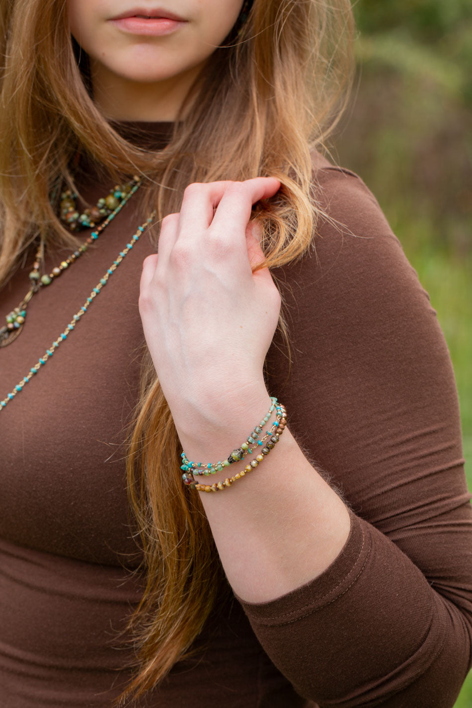 Rustic Creek 7.25-8.25" Czech Glass, Turquoise, Freshwater Pearl Multistrand Bracelet