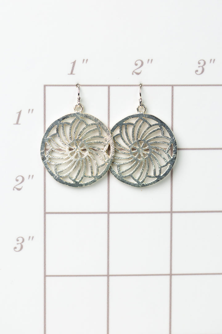 Brushed Silver Flower Hoop Statement Earrings