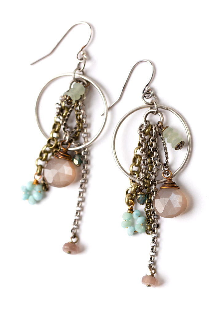 Courage Czech Glass, Larimar, Peach Moonstone Tassel Earrings