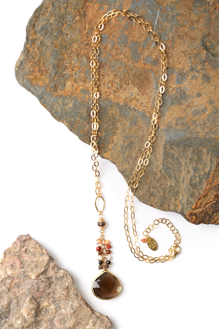 Devotion 28-30" Coral, Smoky Quartz Cluster Necklace