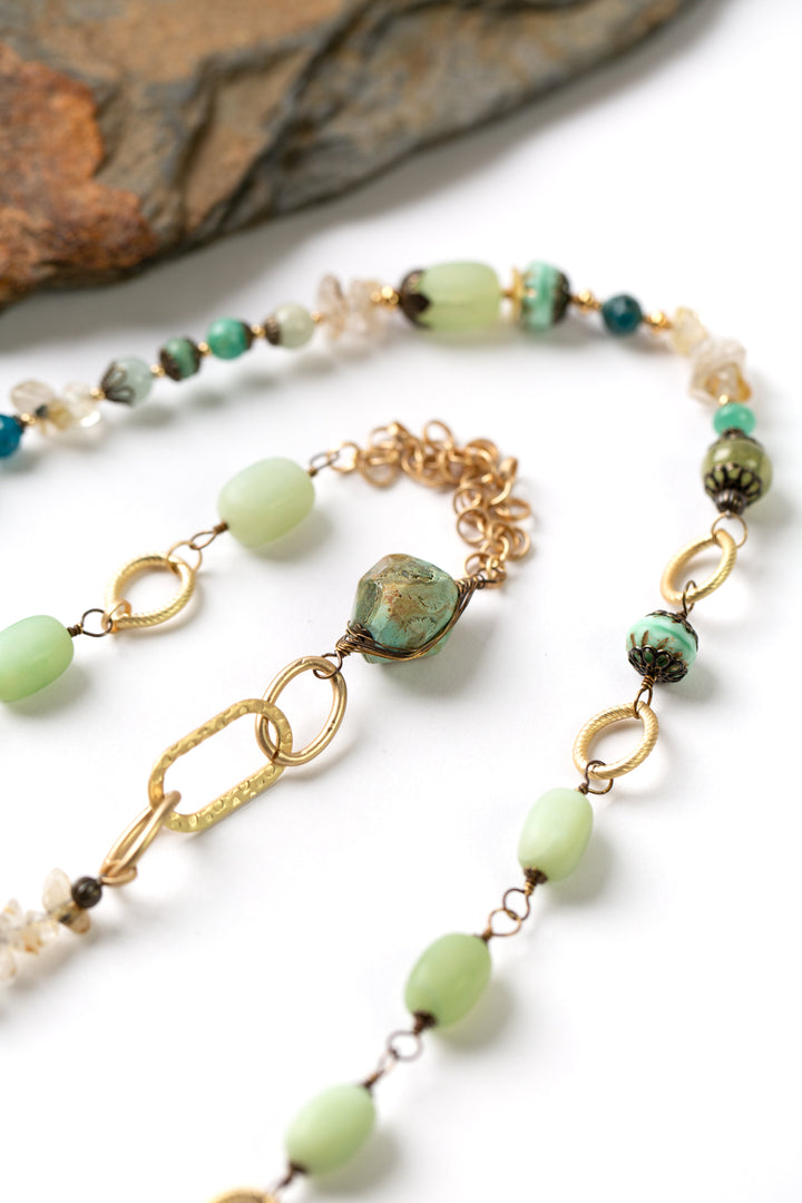 Heron 43.25-45.25" Neon Apatite, Chrysoprase, Golden Rutilated Quartz Collage Necklace