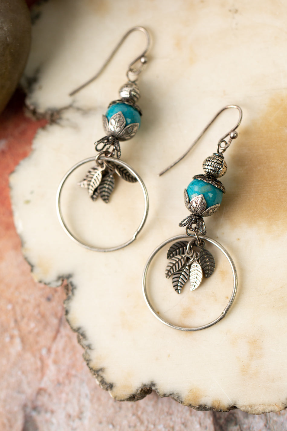 Lakeside Turquoise Hoop Leaf Dangle Earrings