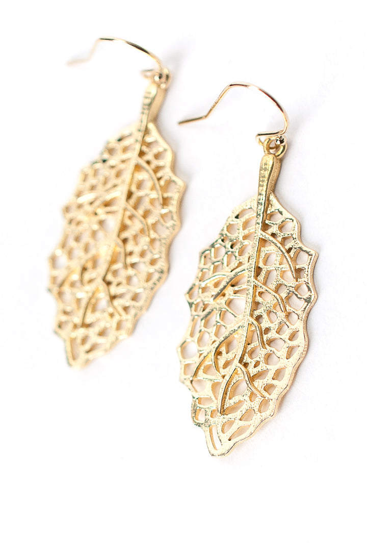 Brushed Gold Filigree Leaf Earrings