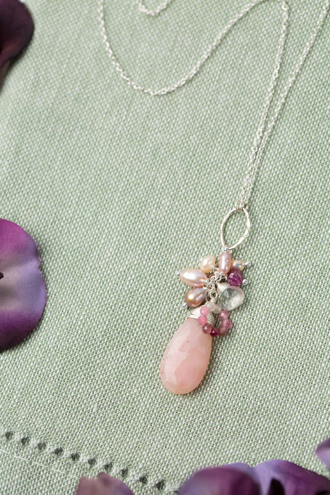 Orchid 19-21" Rose Quartz, Pearl, Ruby With Pink Opal Cluster Necklace