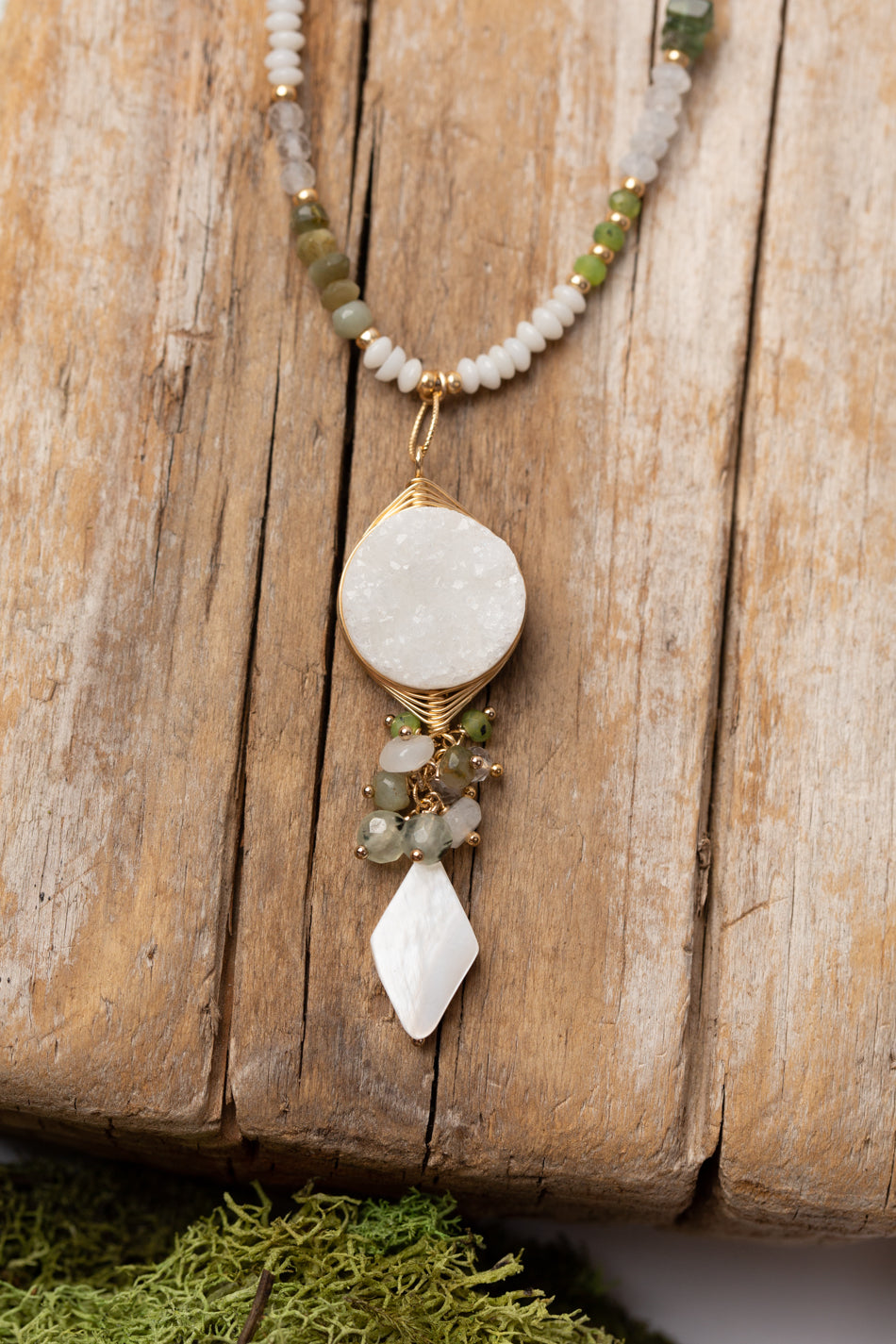 Purity Adjustable Green Tiger's Eye, Jade, Green Tourmaline With Quartz Druzy Statement Necklace