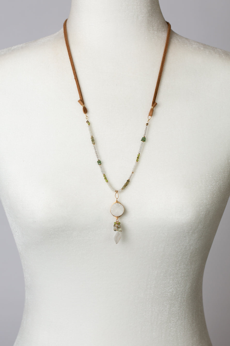 Purity Adjustable Green Tiger's Eye, Jade, Green Tourmaline With Quartz Druzy Statement Necklace