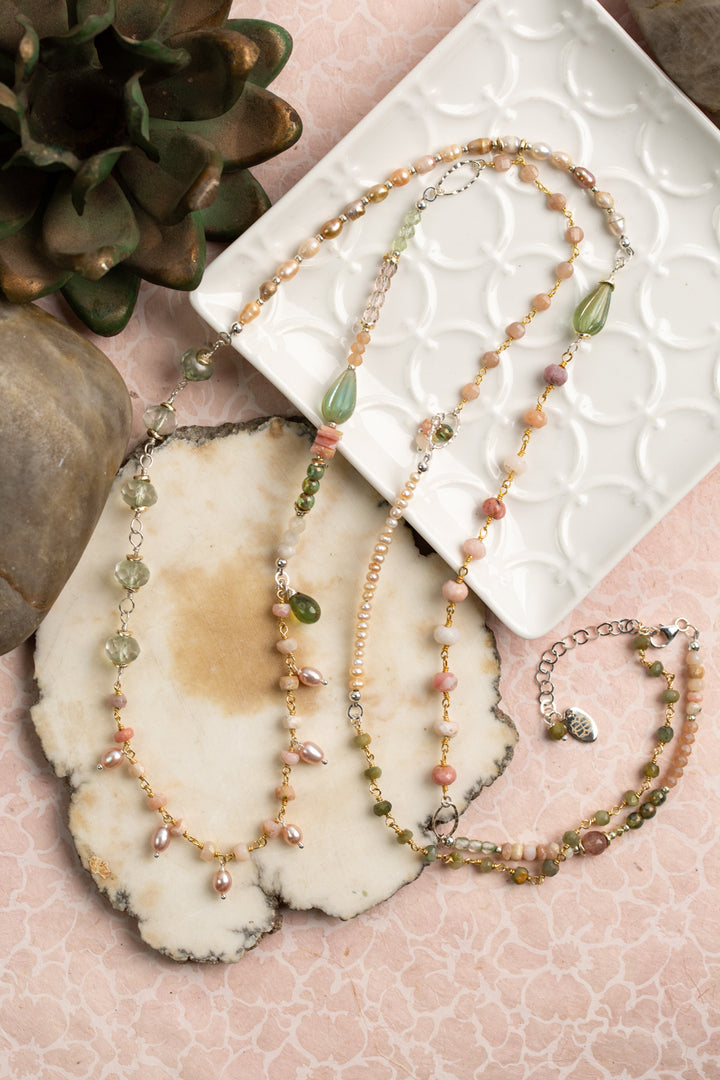 Peonies 41-43" Pearl Czech Glass Pink Opal Collage Necklace