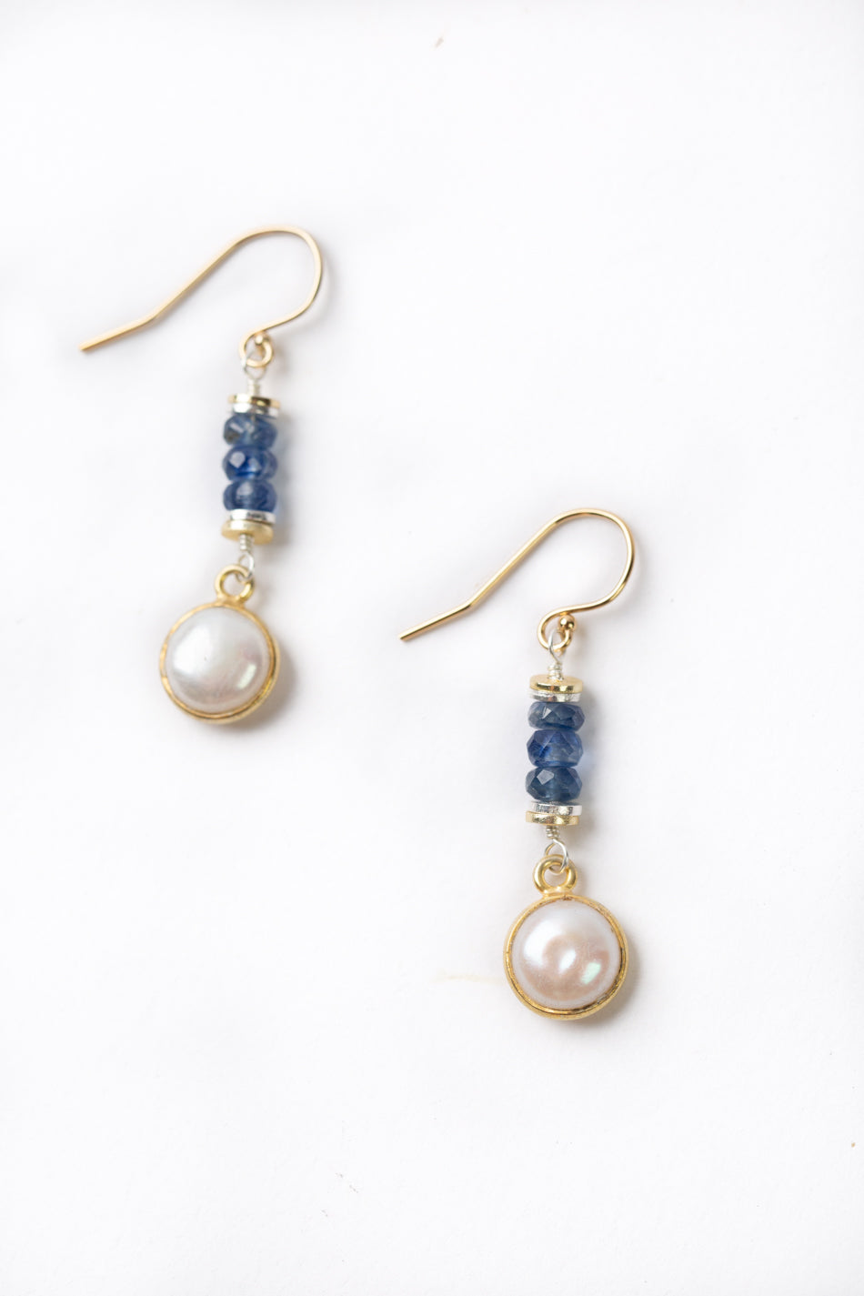 Seaside Iolite, Freshwater Pearl Large Bezel Dangle Earrings