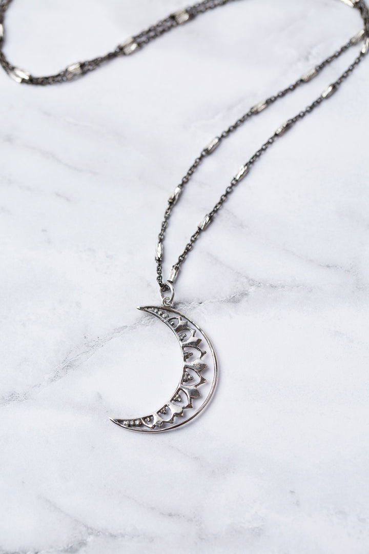 Sentiment 24.75-26.75" Sterling Silver Mandala Crescent Moon Simple Necklace